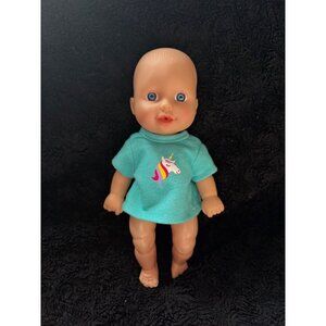 Cititoy 1996 Baby Doll Toy With Teal Unicorn Shirt & Blue Eyes 8"
